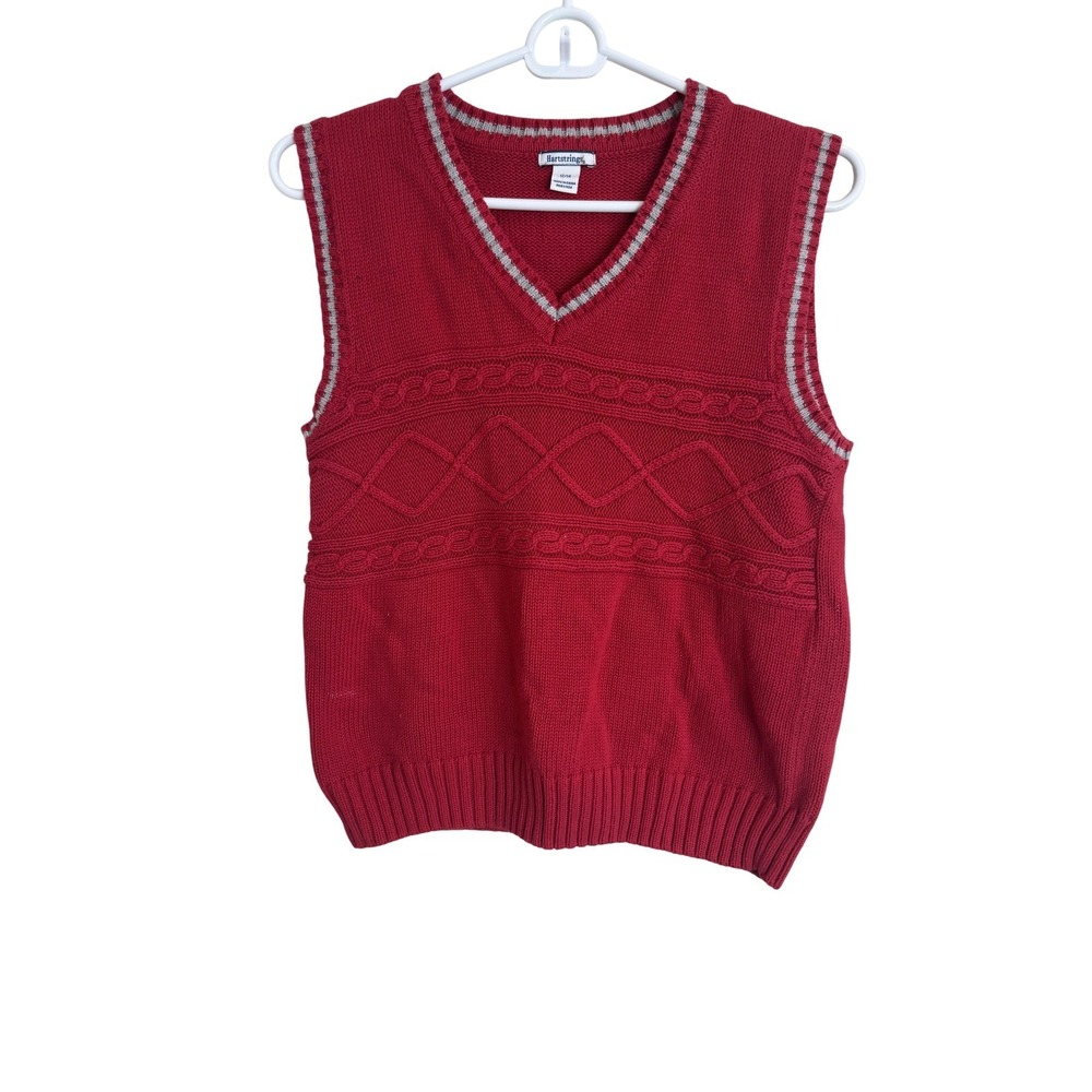 Hartstrings Sweater Vest Kids 12-14‎ Red Cable Knit V Neck Trimmed Gray